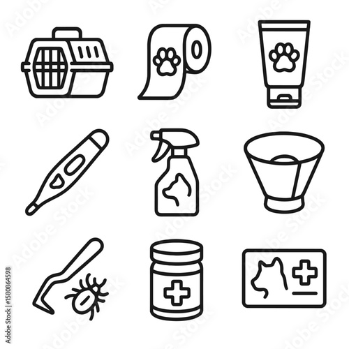 Paw icon thermometer tick carrier first cream pet cone animal vector aid