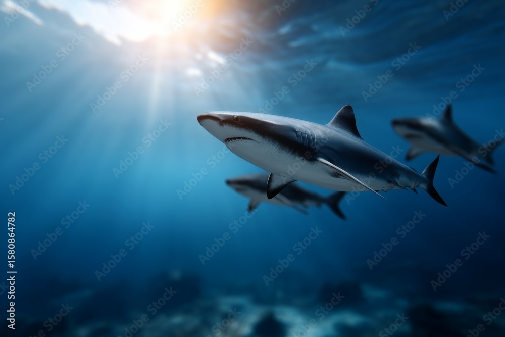 Fototapeta premium Great white sharks swimming in sunlit ocean depths