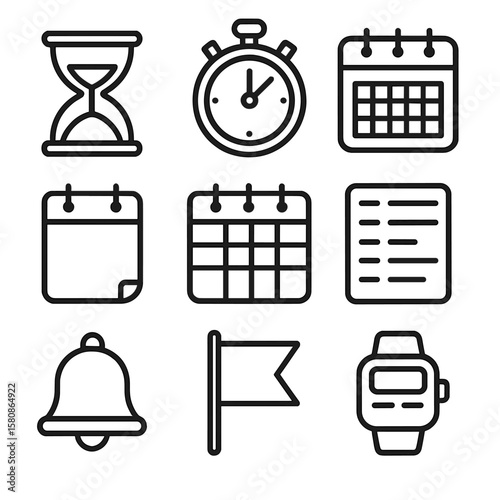 Bell vector agenda weekly time stopwatch watch icons priority icon management flag