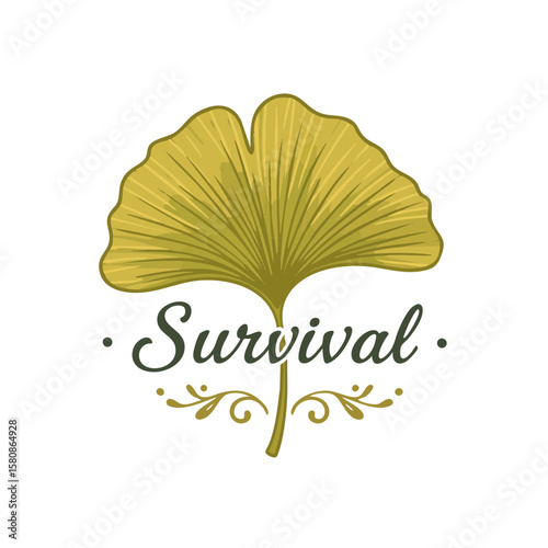 Ginkgo Leaf with ‘Survival’ Script Flat Badge Icon