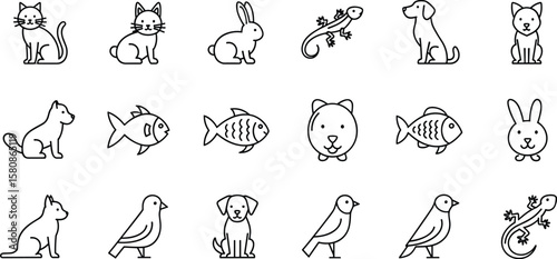 Pets line icon set. Vector pictograms of cat, dog, rabbit, fish, bird, lizard, domestic animals thin linear illustration.