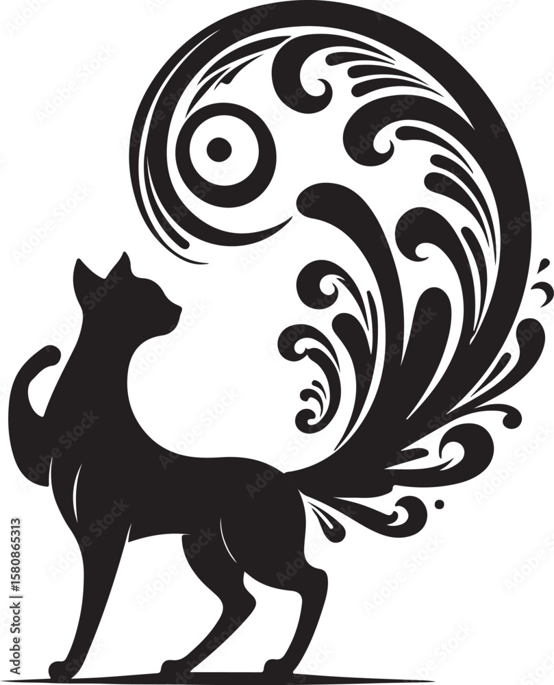 Obraz premium Elegant Black Cat Silhouette with Ornate Floral Tail