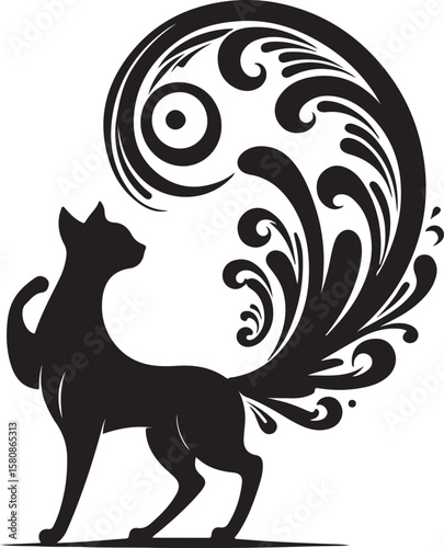 Wallpaper Mural Elegant Black Cat Silhouette with Ornate Floral Tail Torontodigital.ca