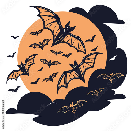 A flock of dark bats with outstretched wings flies across a large orange moon and dark clouds in a spooky halloween night scene