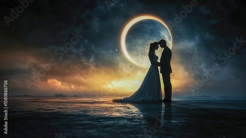 Wedding ceremony during a solar eclipse diamond ring effect over the Moon