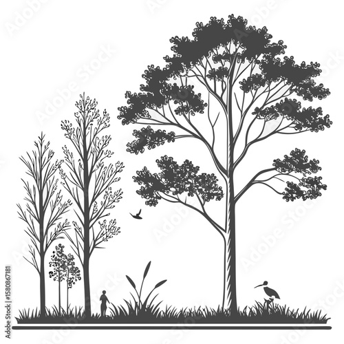 Architectural Drawings, Minimal style cad tree line drawing, Side view, set of section wetland forest outline for landscape design drawing. Vector illustration in separate element white bg            