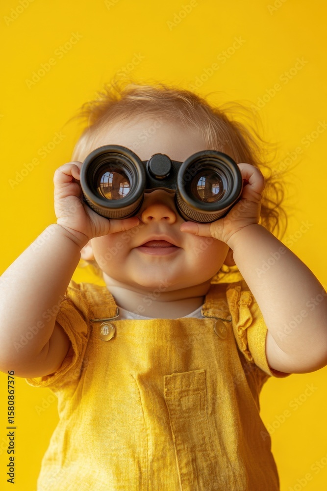 Cheerful baby peering through binoculars on yellow background
