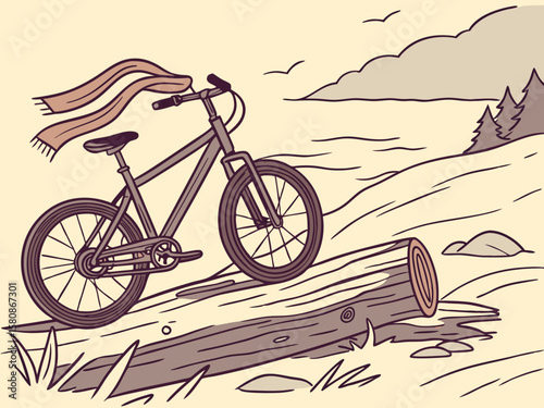 Beachside scene with an e-bike leaning on driftwood, sea breeze tousling a scarf tied to the handlebar, distant waves gently crashing