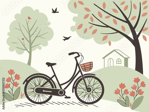 E-bike concept design for seniors with wide saddle and step-through frame, placed in a cozy garden with birds and flowers