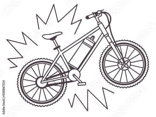 Minimalist e-bike design with exaggerated battery pack, isolated on a white backdrop with abstract electric sparks