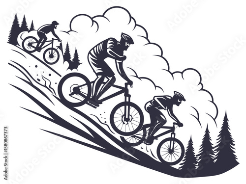 Sports-themed e-bike race with three competitors neck-and-neck on a mountain path, dust clouds and speed trails behind them