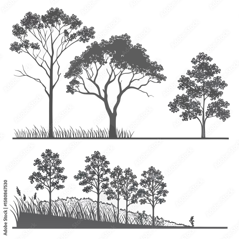 custom made wallpaper toronto digitalArchitectural Drawings, Minimal style cad tree line drawing, Side view, set of section wetland forest outline for landscape design drawing. Vector illustration in separate element white bg