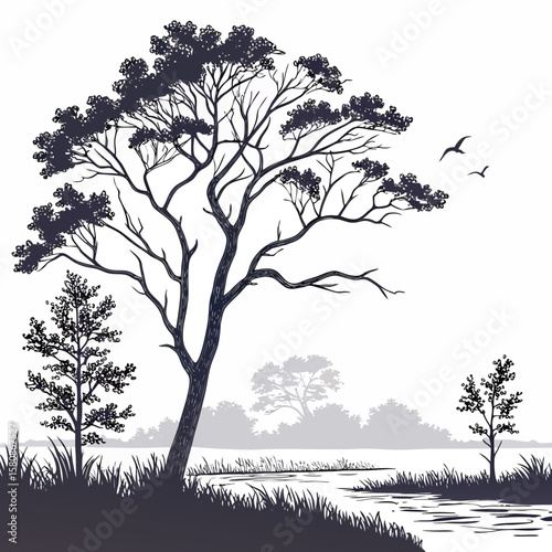 Architectural Drawings, Minimal style cad tree line drawing, Side view, set of section wetland forest outline for landscape design drawing. Vector illustration in separate element white bg            