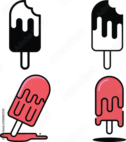 Silhouette and coloured Melting and Bitten Popsicle Ice Cream Vector Set
