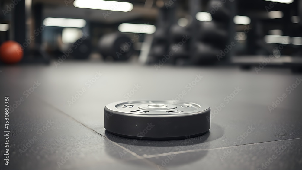 Fototapeta premium A solitary weight plate on rubber flooring with metallic reflections in soft gym lighting.