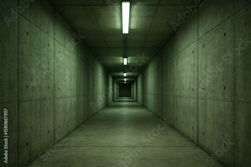 Concrete architecture presents a long tunnel with fluorescent lights casting a green glow on the textured corridor walls.