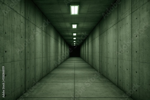 Concrete corridor stretches into darkness with illuminated lights above, a modern, industrial design concept.