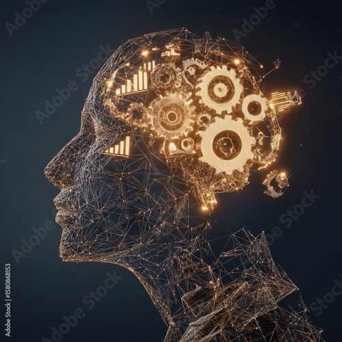 wireframe human face with glowing brain of charts and gears concept of datadriven business thinking