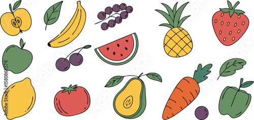Isolated set of fresh fruit and vegetables including apple, banana, strawberry, lemon, tomato, and watermelon illustration