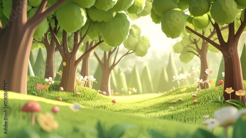Lush green foliage and budding flowers in a peaceful spring forest landscape