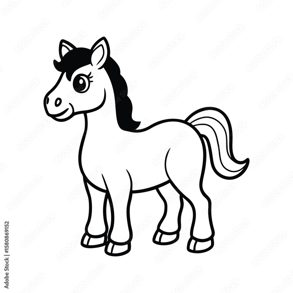 Fototapeta premium Playful cartoon horse with black mane and tail isolated on white black tail white background