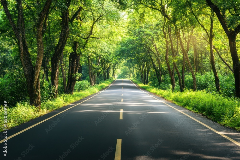 Fototapeta premium Peaceful Road Surrounded by Lush Green Trees