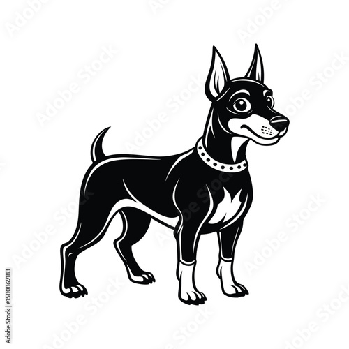 Playful doberman dog character silhouette with collar black white