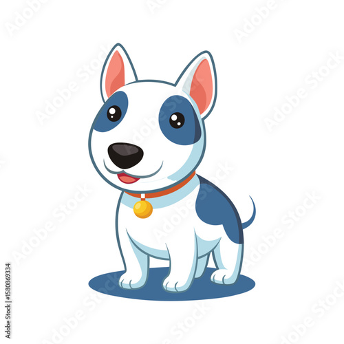 Playful white bull terrier dog with blue patches and bright eyes puppy cartoon