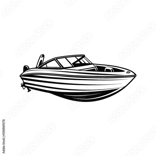 Sleek speedboat silhouette with windshield and outboard motor watercraft marine