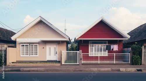 Fototapeta Naklejka Na Ścianę i Meble -  Two small houses, light beige and maroon, stand side-by-side on a street