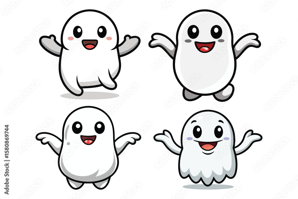 Fototapeta premium Cute ghost cartoon with waving arms, solid white body, clean vector style eps