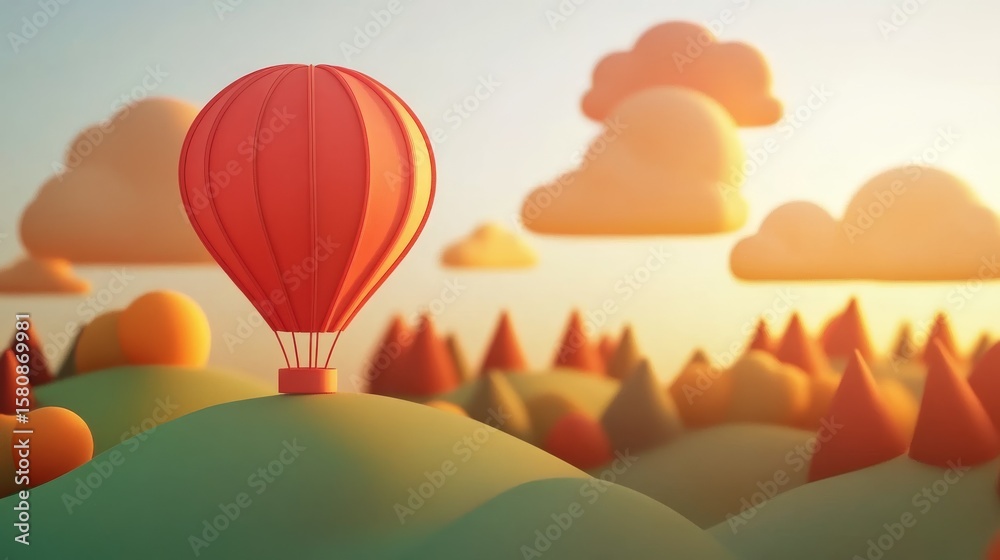 Obraz premium An orange hot air balloon floats in a summer sky over a desert landscape at sunrise