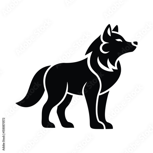 A black wolf calmly stands, exuding strength and observing its surroundings, depicted on a transparent backdrop