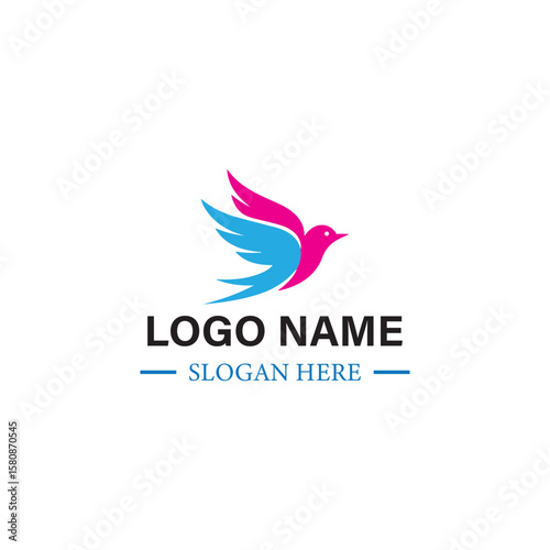 Vibrant Bird Logo Template with Customizable Text – Pink and Blue Feathers for Nature Branding.