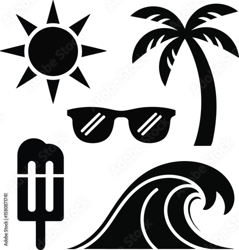  Set of Silhouette summer beach and vacation glyph icons vector