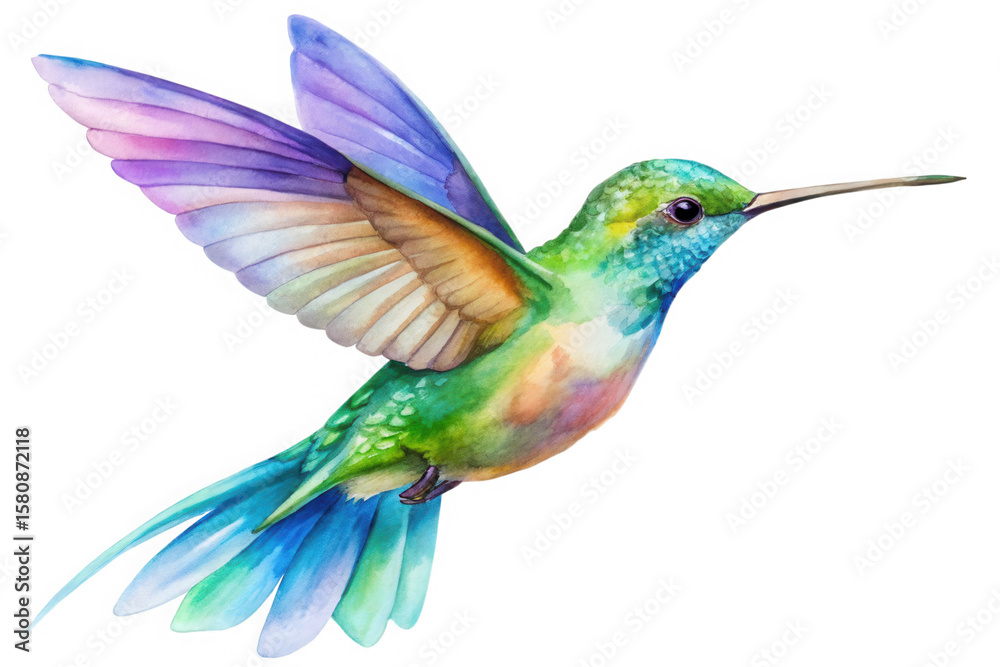 Fototapeta premium Vibrant watercolor hummingbird in flight with iridescent feathers isolated on transparent background