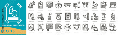 Pollution Prevention Icon set. Emission Control System, Waste Reduction Plan, Air Quality Monitor, Eco Friendly Packaging and Sustainable Transport Icon