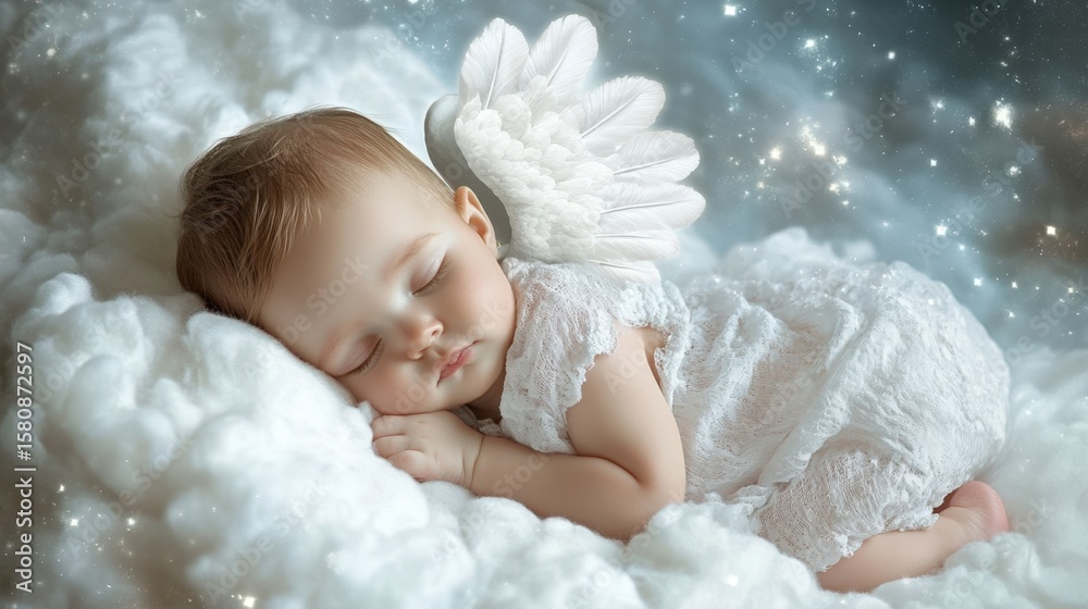 Sleeping Child with Angel Wings on a Cloud in a Dreamy Sky Sleeping Child with Angel Wings on a Cloud in a Dreamy Sky