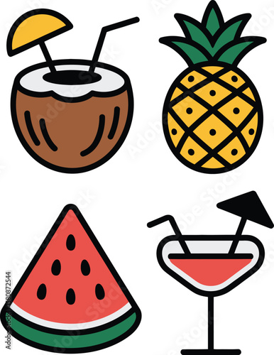 Colorful summer tropical drinks and fruits icon set vector illustration