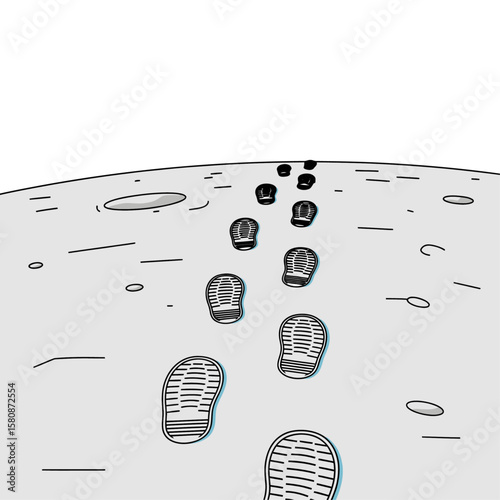 Simple line drawing of footprints on the moon's surface, suggesting a journey.
