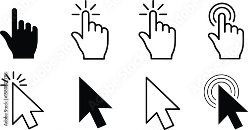Collection of diverse cursor and hand pointer icons representing digital interaction and selection actions