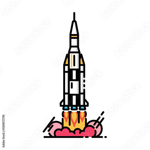 A stylized rocket launching into space, flames billowing beneath.