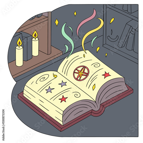 An open spellbook on a table emits colorful magical wisps and sparkles with two lit candles on a shelf in the background
