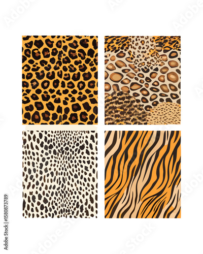 A wild seamless animal print design featuring leopard, tiger, and zebra skin textures with a fur pattern and a safari illustration