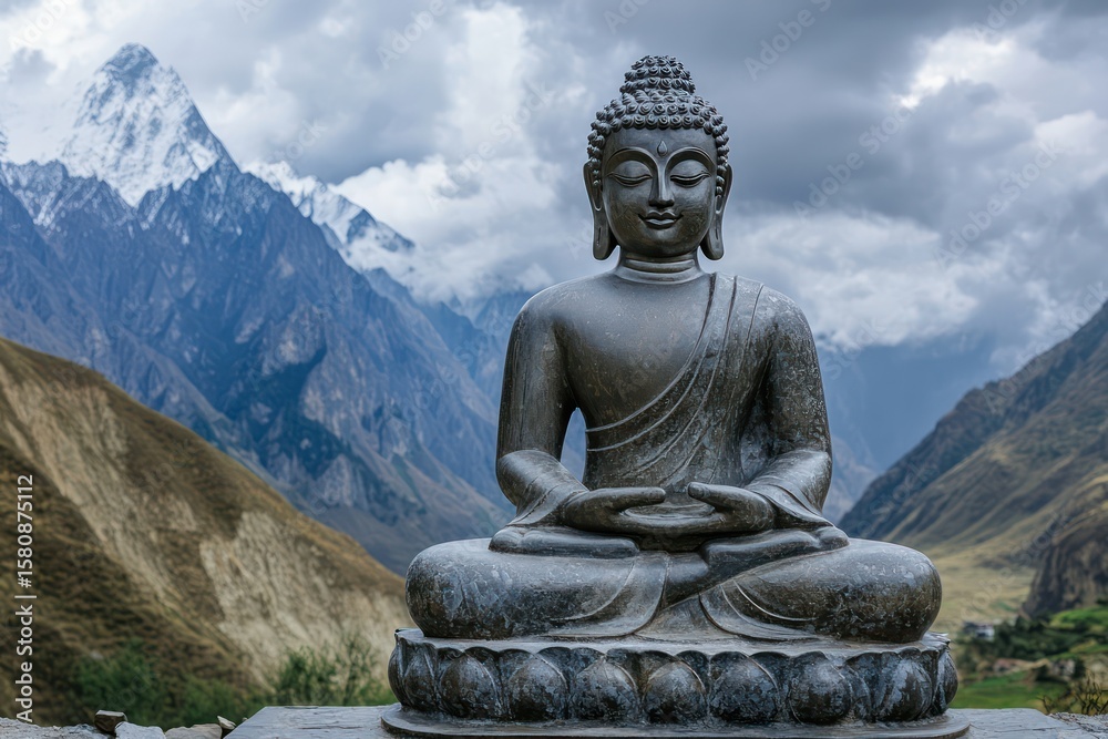 Fototapeta premium Buddha statue with mountains and clouds