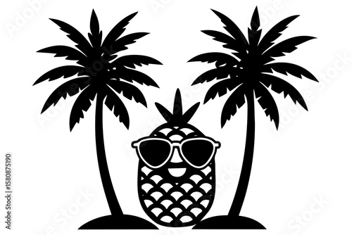 Happy Pineapple in Sunglasses – Cute Summer Vector Art on Tropical Beach with Palm Trees Silhouette