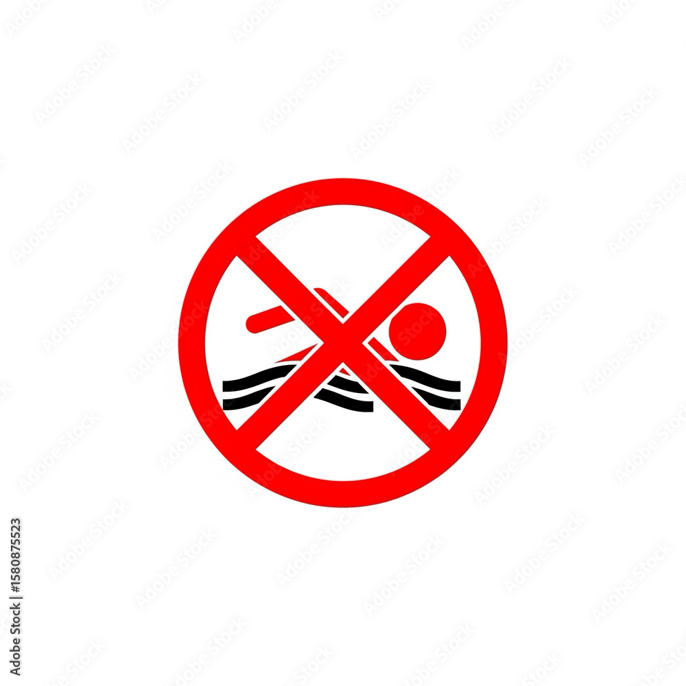 Obraz premium No Swimming, Swimming person icon inside red crossed circle, white background