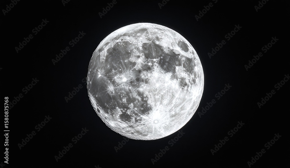 Obraz premium Full moon, detailed surface texture, grayscale, celestial body, night sky
