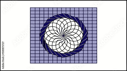 Intricate geometric flower design with blue woven border on grid background