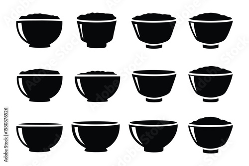 A collection of twelve black silhouette icons depicting various styles of bowls filled with granular material